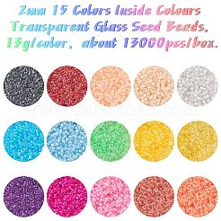 182g 14色透明ガラスシードビーズ8/0個  色の内側  丸い穴  ラウンド  ミックスカラー  1.5~2mm  穴：1mm  13 G /カラー&nbsp;SEED-YW0002-44