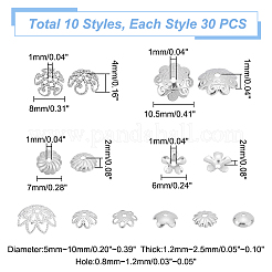 300個 10スタイル 304 & 201 ステンレススチール ファンシービーズキャップ  マルチ花弁  5 花弁 & 無花弁 & 8 花弁  花  ステンレス鋼色  5~10x5~7.5x1.2~4mm  穴：0.8~1.2mm  30個/スタイル&nbsp;STAS-UN0042-71