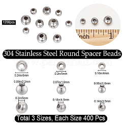 1200個3スタイル304ステンレススチールビーズ  ラウンド  ステンレス鋼色  4~6mm  穴：1.6~2.2mm  400個/スタイル&nbsp;STAS-BBC0003-60P