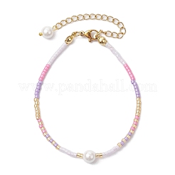 女性用ガラスシードビーズブレスレット  シェルパール＆真鍮ビーズ付き  ライラック  7-1/8インチ（18cm）&nbsp;BJEW-MZ00134-01