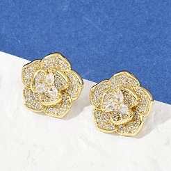 Flower Brass Micro Pave Clear Cubic Zirconia Stud Earrings&nbsp;X-EJEW-M082-19G