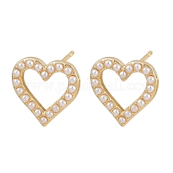 Brass ABS Plastic Pearl Hollow Heart Stud Earrings&nbsp;EJEW-L275-14G-04