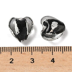 手作りのフォイルのガラスビーズ  ハート  ブラック  12~12.5x12.5~13x7.5~8mm  穴：1.8mm&nbsp;LAMP-A011-06