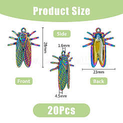 20個の合金ペンダント  カドミウムフリー＆鉛フリー  蝉のチャーム  虹色  28x23x4.5mm  穴：1.6mm&nbsp;PALLOY-DC0001-11
