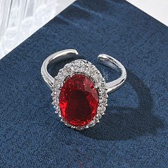 女性用真鍮マイクロパヴェキュービックジルコニアカフオープンリング  オーバル  ガラスと  長持ちメッキ  ラックめっき  プラチナ  レッド  17mm&nbsp;RJEW-L343-17P-06