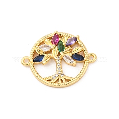 Brass Micro Pave Cubic Zirconia Connector Charms, Cadmium Free & Lead Free, The Tree of Life, Real 16K Gold Plated, 17x22.5x2.5mm, Hole: 1.4mm