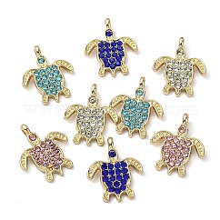 ゴールデンラックメッキ合金ラインストーンペンダント  ニッケルフリー  ウミガメチャーム  ミックスカラー  18x15x1.5mm  穴：1.2mm