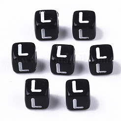 不透明なアクリルビーズ  水平穴  アルファベットスタイル  キューブ  ブラック＆ホワイト  文字L  5x5x5mm  穴：2mm  約500個/50g&nbsp;X-SACR-N002-01L