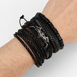 4Pcs 4 Styles Bat Alloy & Wood & Wax Cord & Imitation Leather Braided Bead Bracelets & Stretch Bracelets for Men&nbsp;FS-WG50DFD-01