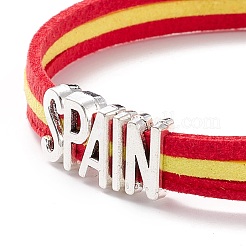 スペインワードリンクコードブレスレット  男性女性のための国旗ワイドレザーブレスレット  銀  レッド  7-1/8インチ（18cm）&nbsp;BJEW-C008-02