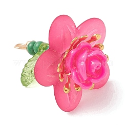 ガラスシードビーズのバラの花のペンダント  アクリルと銅線を使用  ライトゴールド  濃いピンク  25.5~26x19.5~20mm  穴：2mm&nbsp;PALLOY-MZ01231-01