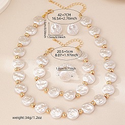 Flat Round Plastic Pearl Beaded Necklaces & Beaded Bracelets & Stud Earrings & Rings Sets&nbsp;FS-WG25F9C-01