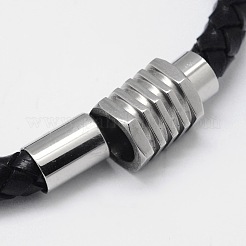 混合編みこみレザーコードブレスレット  304ステンレススチール製マグネット留め具付き  ブラック  200x6mm&nbsp;BJEW-I199-M