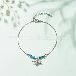 304 Stainless Steel Bees Charm Anklet with Round Natural White Jade Beads for Women&nbsp;AJEW-AN00498-02