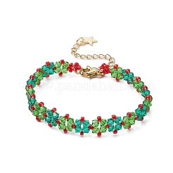 クリスマス ハンドメイド ガラス シード ビーズ リンク ブレスレット 女性用  グリーン  6-5/8インチ（16.9cm）&nbsp;BJEW-MZ00123