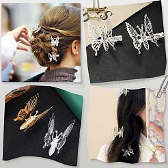 女性用合金ワニ口ヘアクリップ12個  蝶  銀  44x58x10.5mm&nbsp;OHAR-SP0001-06S