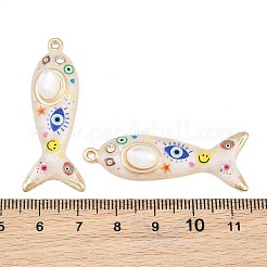 印刷された合金エナメルペンダント  ナザールボンジュウ模様の魚のお守り  ラインストーンと樹脂製の模造キャッツアイ付き  カドミウムフリー＆ニッケルフリー＆鉛フリー  ラックめっき  ゴールドカラー  43.5x16.5x6.5mm  穴：1.6mm&nbsp;RB-CBAA915-02G-03