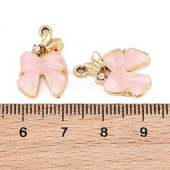 合金、樹脂、ラインストーンのペンダント  リボンと蝶のチャーム  ゴールドカラー  ピンク  19.5x13x4.5mm  穴：1.5mm&nbsp;RE-CBA4E99-02G-B