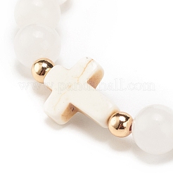 Natural White Jade & Magnesite & Synthetic Turquoise(Dyed) Stretch Bracelet with Cross&nbsp;BJEW-JB08295-02