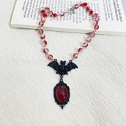 Alloy Red Glass Bat Pendant Round Glass Link Necklaces for Halloween&nbsp;LS-NJEW-H075-02PEB