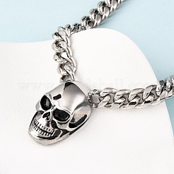 304 Stainless Steel Skull Pendant Cuban Link Chain Necklaces Hand Polished&nbsp;NJEW-C099-06AS