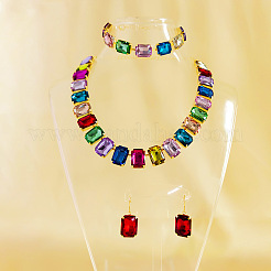 Alloy & Glass Rectangle Link Chain Necklaces & Bracelet & Dangle Earrings Sets&nbsp;FS-WGC2D75-02