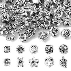 60個10スタイルチベットスタイル合金ヨーロピアンビーズ  大穴ビーズ  クローバー/花/葉  アンティークシルバー  8~14.5x7~12.5x7~9mm  穴：4.5mm  6個/スタイル&nbsp;TIBE-CJ0001-26