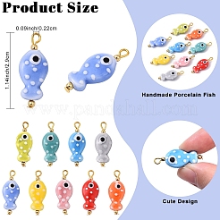 手描きの水玉模様の魚の磁器製ペンダント 10個  ゴールデントーン鉄パーツ  緑黄  29mm  穴：2.2mm&nbsp;PALLOY-YW00115-01