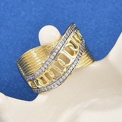 真鍮マイクロパヴェキュービックジルコニアカフスリング  クロスリングを縦横に  18KGP本金メッキ  13.5mm  usサイズ8（18.1mm）&nbsp;RJEW-D326-10G