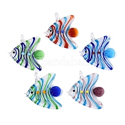 手作りランプワークペンダント  縞模様のチャームが付いた熱帯魚  ミックスカラー  45~47x40~42x10~11mm  穴：4.5~5mm&nbsp;LA-N048-02