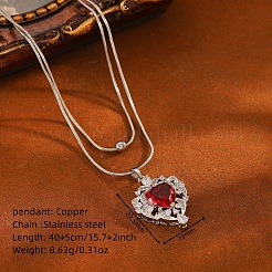 Brass Pave Red Cubic Zirconia Heart Pendant Round Snake Chain Double Layer Necklaces for Women&nbsp;WG9EE5F-02