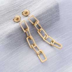 304ステンレススチールチェーンダングルスタッドピアス（女性用）  18KGP本金メッキ  45x6mm&nbsp;EJEW-Q781-30G