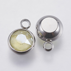 K9ガラスチャーム  304ステンレススチール製金具付き  多面カット  フラットラウンド  ステンレス鋼色  きいろ  13.5x10x6mm  穴：2.5mm&nbsp;STAS-P225-003P-02