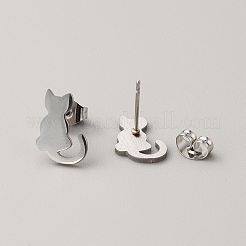 女性用304ステンレススチールスタッドピアス  耳ナッツ  猫  ステンレス鋼色  11.5x8.5mm  ピン：0.6mm&nbsp;EJEW-TAC0010-023P