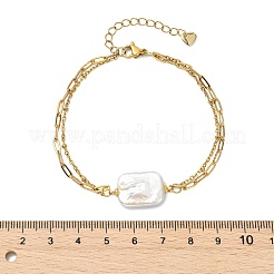 304ステンレススチール製アズキチェーンとペーパークリップチェーンの二重構造ブレスレット  女性用長方形天然ケシパールリンクブレスレット  18KGP本金メッキ  7.09インチ（18cm）&nbsp;BJEW-JB13884