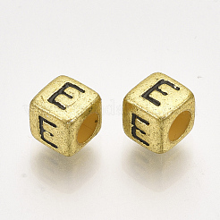 アクリルビーズ  水平穴  メタリックメッキ  文字.e付きのキューブ  6x6x6mm  2600個/ 500g&nbsp;PB43C9308-G-E