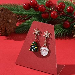 サンタクロース合金エナメル&クリスマスツリーランプワーク非対称イヤリング  クリアキュービックジルコニアスノーフレークダングルスタッドピアス女性用  ライトゴールド  37~40mm  ピン：0.9mm&nbsp;X1-EJEW-TA00230