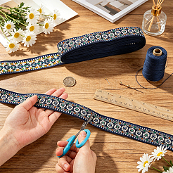 10ヤード ヴィンテージ ジャカード ポリエステル リボン  花柄  刺繍入りの織りリボン  ダークブルー  1-1/4インチ（33mm）&nbsp;OCOR-NB0002-95A