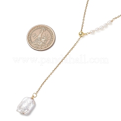 Adjustable Natural Keshi Pearl Rectangle Pendant 304 Stainless Steel Cable Chain Lariat Y Necklaces&nbsp;NJEW-JN05950