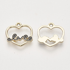 ライトゴールドメッキ合金チャーム  エナメル  単語「love」付けのハート  ブラック  18.5x18.5x2mm  穴：1.6mm&nbsp;ENAM-T009-15A