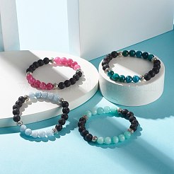 ナチュラルカルセドニー＆ナチュラル溶岩ロックラウンドビーズストレッチブレスレット  内径：2インチ（5.1cm）&nbsp;BJEW-JB06920
