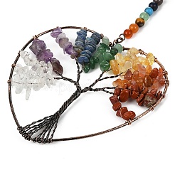 7 Chakra Heart Tree of Life Brass & Natural & Synthetic Gemstone Beads Hanging Ornament&nbsp;G-H359-01R-01