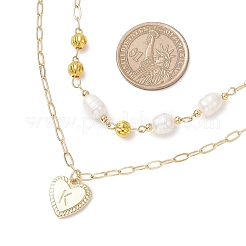 Natural Cultured Freshwater Pearl Rice Beads Brass Heart with Letter Pendant Paperclip Chain Double Layered Necklaces&nbsp;NJEW-JN05378-01