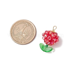 花のガラスペンダント  304ステンレススチールループ付き  ファセット(32ファセット)  レッド  27.5~28x17~17.5mm  穴：3.5x3mm&nbsp;PALLOY-MZ00805-03