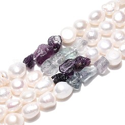 天然の紫蛍石ナゲットと天然養殖淡水真珠ビーズ連売り  5.5~12x4.5~9x3.5~9mm  穴：0.8mm  パール：6~13x6~9x3.5~7.5mm  穴：0.6mm  約19~21個/連  6.30~6.69インチ（16~17cm）&nbsp;PEAR-N023-01A-08