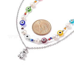 2Pcs 2 Style Natural Pearl & Evil Eye Beaded Necklaces with Bear Pendant for Women&nbsp;NJEW-TA00019