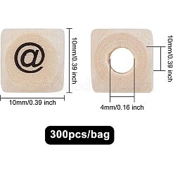 メープル天然木ヨーロピアンビーズ  大穴ビーズ  マークが@のキューブ  アンティークホワイト  10x10x10mm  穴：4mm  300個/袋&nbsp;WOOD-FH0001-41