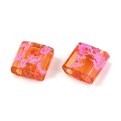 2穴透明ガラスシードビーズ  アンティークスタイル  正方形  サンゴ  5x4.5~5.5x2~2.5mm  穴：0.5~0.8mm&nbsp;SEED-S023-30C-13