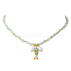Brass Enamel Fish and Natural Pearl Rice Pendant Natural Glass Nuggets Beaded Necklaces for Women&nbsp;NJEW-JN06357-03