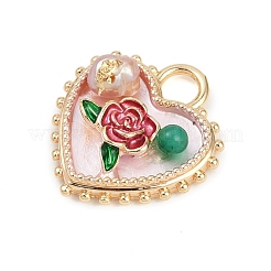 Brass Enamel & Natural Pearl Heart with Rose Flower Pendants&nbsp;KK-K351-49G-01